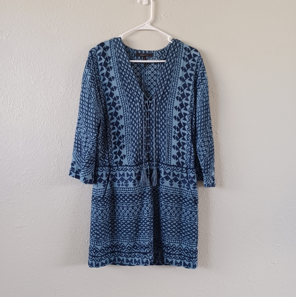 BCBGMaxazria Blue Patterned Boho Tunic Dress / Beach Cover